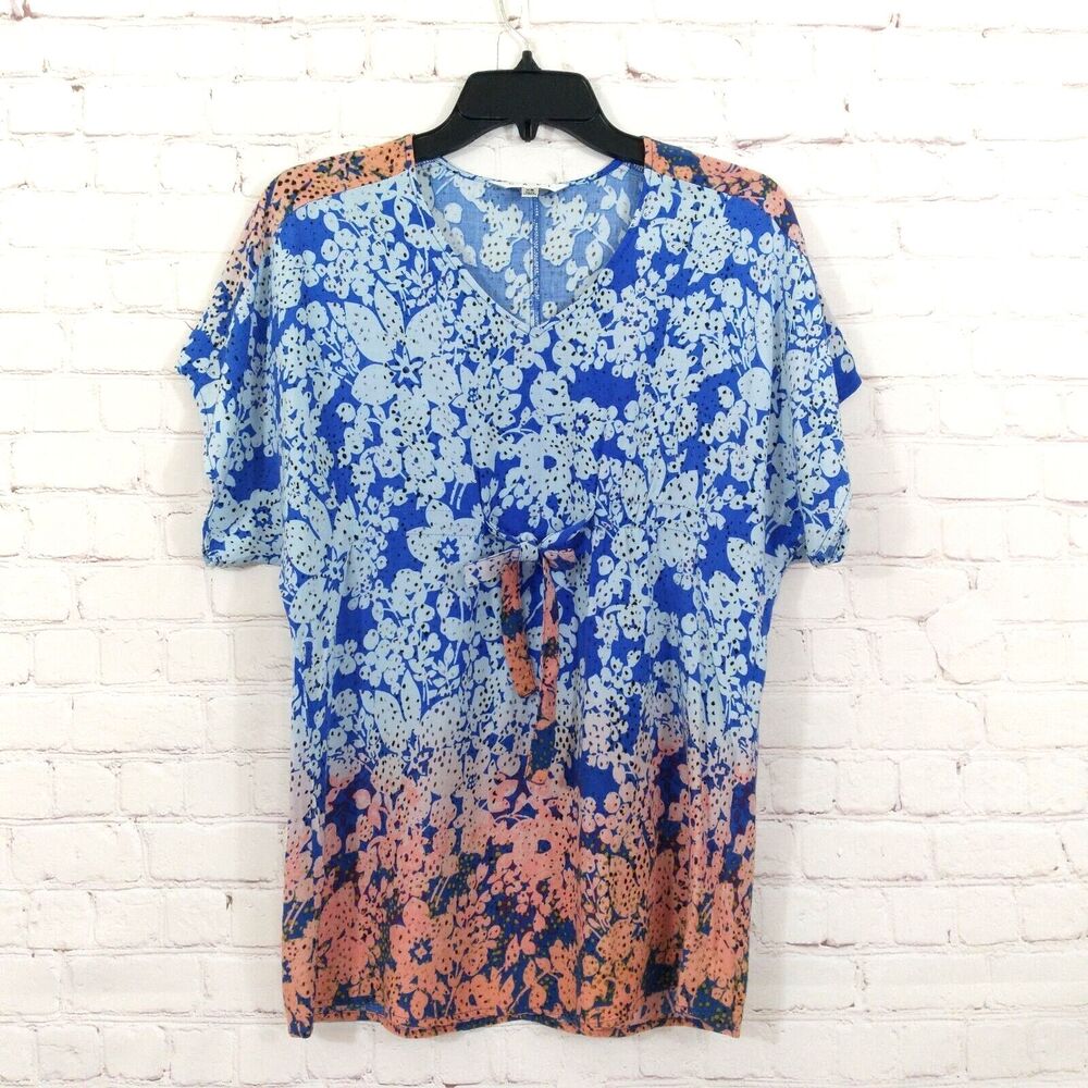 Cabi Top Women XS Blue Floral Tie Front Short Sleeve V Neck Rayon 891 Tunic Boho